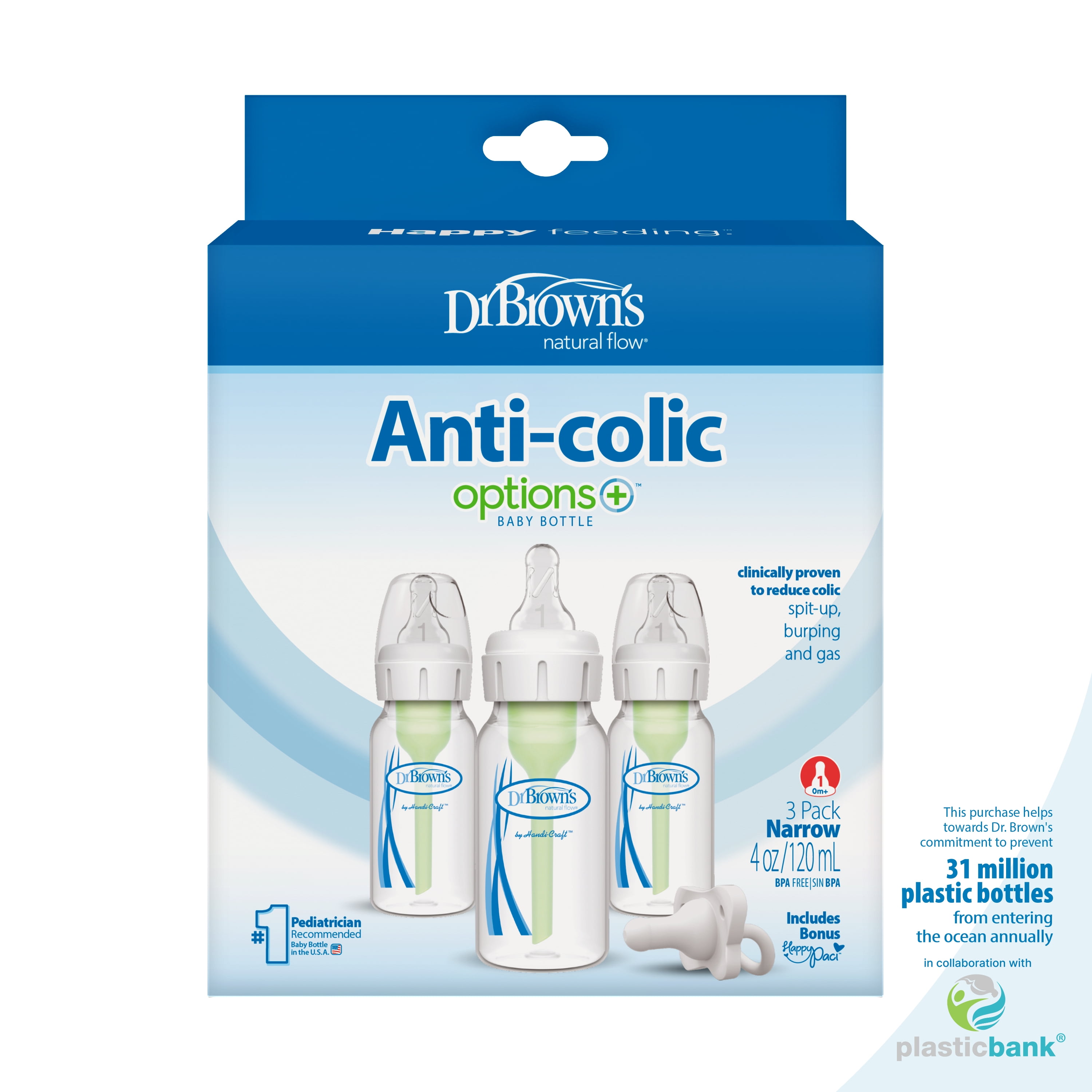 Dr. Brown's Dr. Brown’s Natural Flow Anti-Colic Options+ Narrow Baby Bottle, 4oz, Slow Flow, 0m+, 3 Pack
