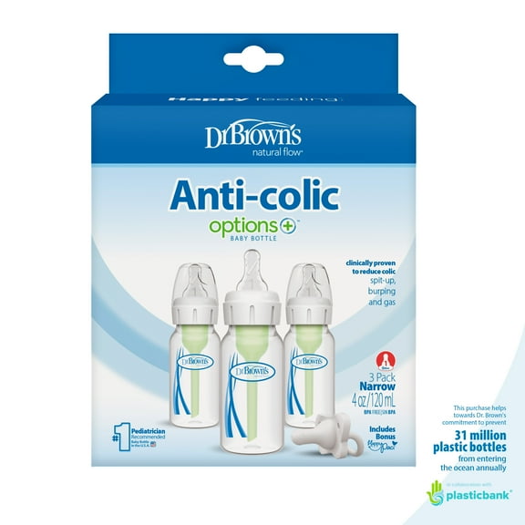 Dr. Brown’s Natural Flow Anti-Colic Options+ Narrow Baby Bottle, 4oz, Slow Flow, 0m+, 3 Pack