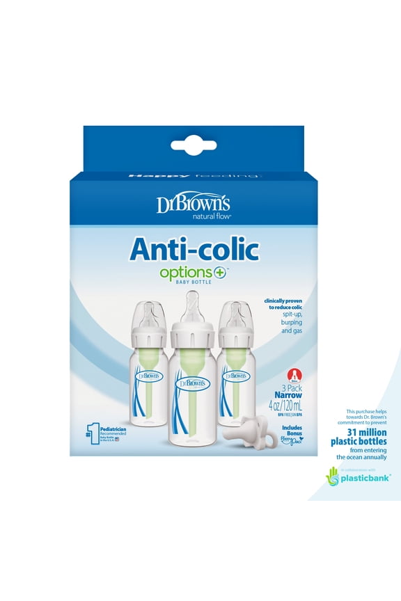 Dr. Brown’s Natural Flow Anti-Colic Options+ Narrow Baby Bottle, 4oz, Slow Flow, 0m+, 3 Pack