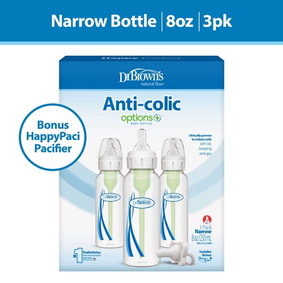 Dr. Brown's Natural Flow Anti-Colic Options+ Narrow Baby Bottle, 8oz, 3 Pack + HappyPaci