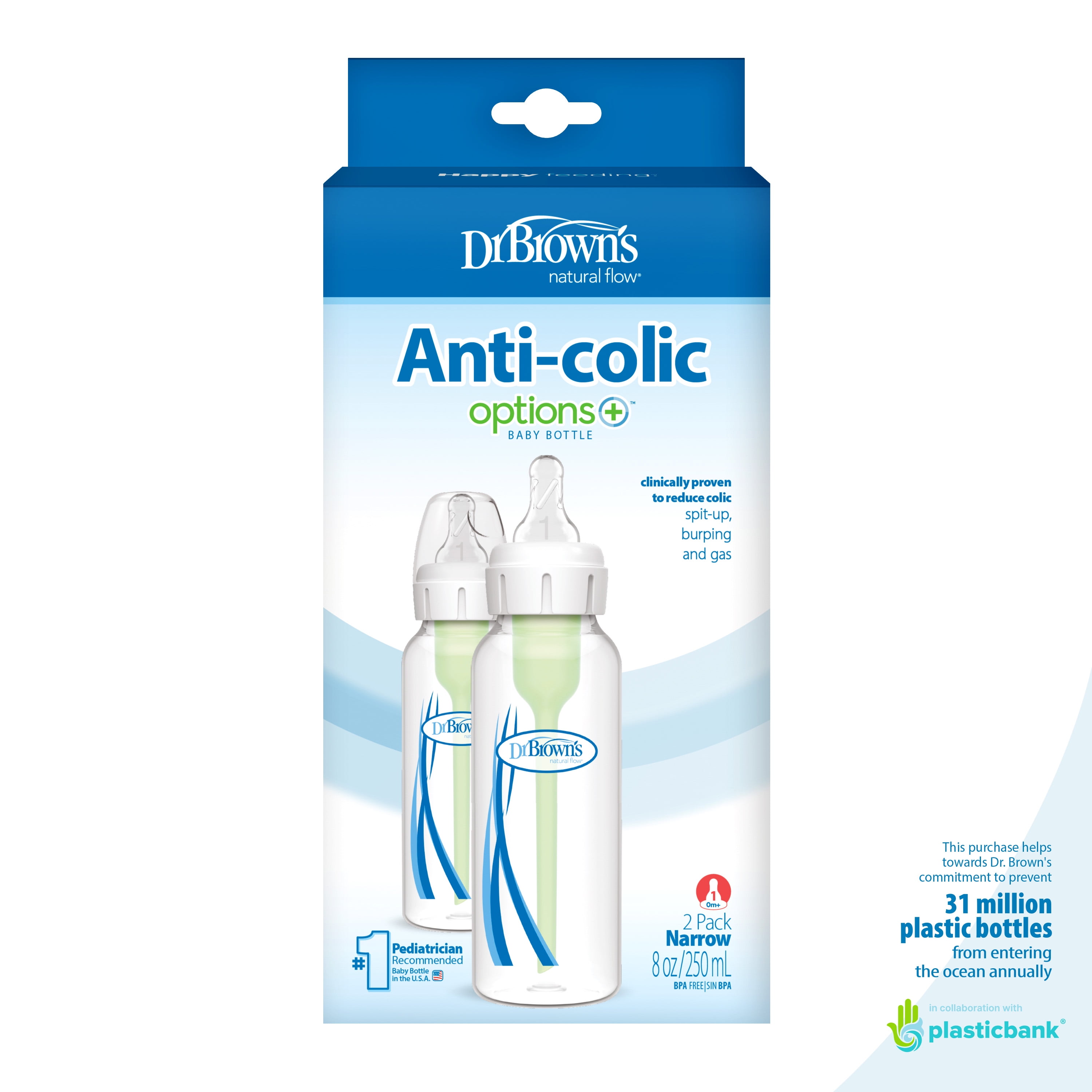 Dr. Brown's Natural Flow Anti-Colic Options+ Narrow Baby Bottle, 8oz, Slow Flow, 0m+, 2 Pack
