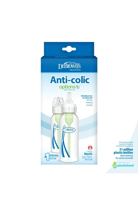 Natural Flow Anti-Colic Options+ Narrow Baby Bottle, 8oz, Slow Flow, 0m+, 2 Pack