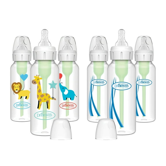 Dr. Brown's Natural Flow Anti-Colic Options+ Narrow Baby Bottle, Animal Balloon, 8oz, 0m+, 6 Pack