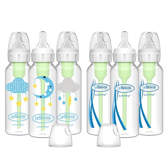 Dr. Brown's Natural Flow Anti-Colic Options+ Narrow Baby Bottle, Cloud Moon, 8oz, 0m+, 6 Pack