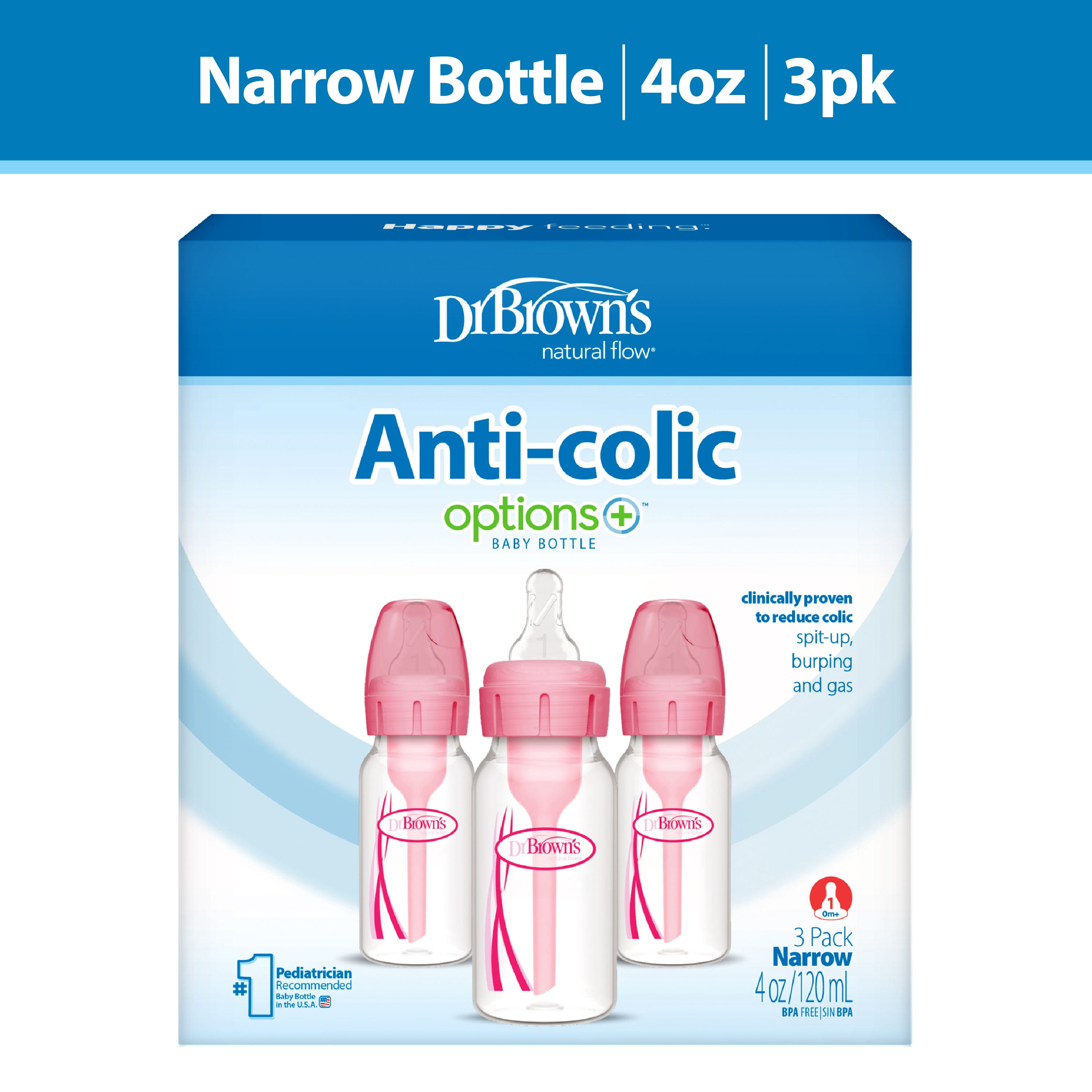 Dr. Brown’s Natural Flow Anti-Colic Options+ Narrow Baby Bottle, Pink, 4oz, Slow Flow, 0m+, 3 Pack