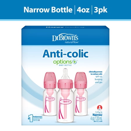 Dr. Brown’s Natural Flow Anti-Colic Options+ Narrow Baby Bottle, Pink, 4oz, Slow Flow, 0m+, 3 Pack