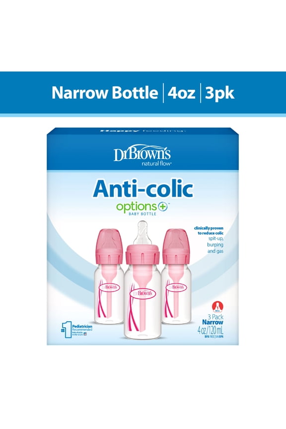 Dr. Brown’s Natural Flow Anti-Colic Options+ Narrow Baby Bottle, Pink, 4oz, Slow Flow, 0m+, 3 Pack