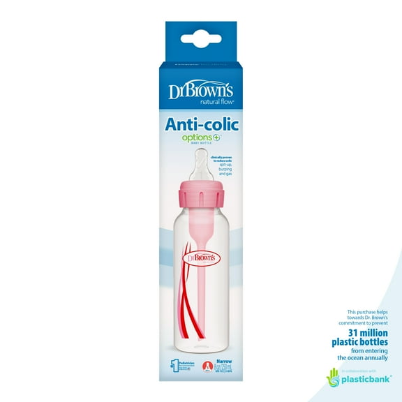 Dr. Brown’s Natural Flow Anti-Colic Options+ Narrow Baby Bottle, Pink, 8oz, Slow Flow, 0m+, 1 Pack