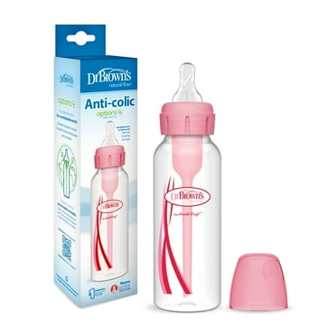 Dr. Brown's Natural Flow Anti-Colic Options+ Narrow Baby Bottle, 8oz/250mL, Level 1 Slow Flow Nipple, 1-Pack, Pink, 0m+