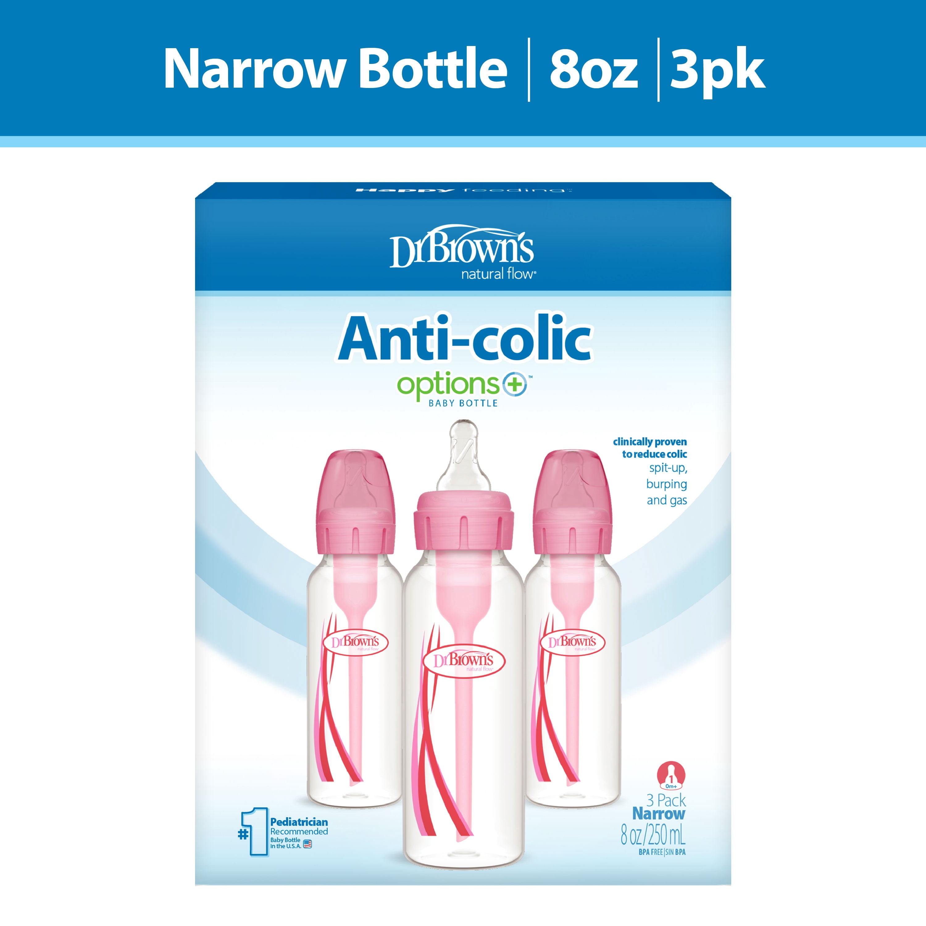 Dr. Brown's Anti-Colic Options+ Narrow Baby Bottle, 8oz, Pink, 3