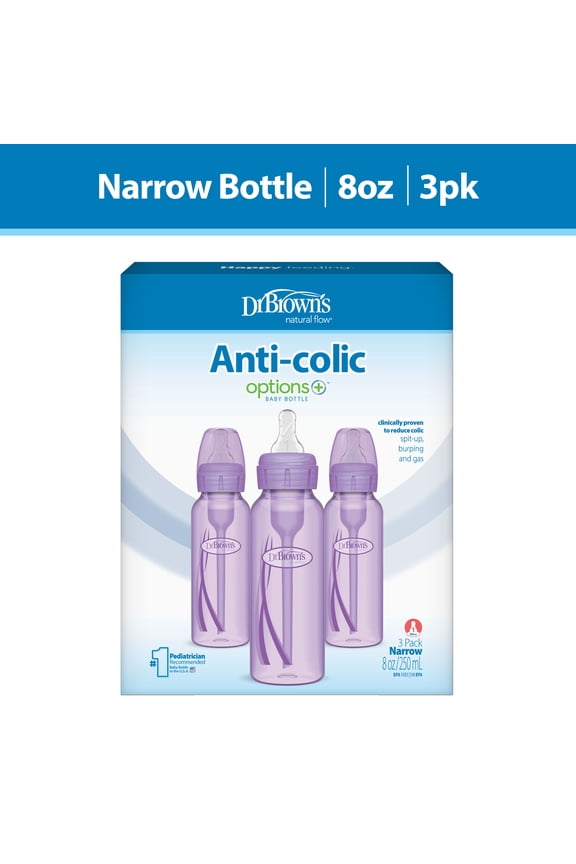 Natural Flow Anti-Colic Options+ Narrow Baby Bottle, Purple, 8oz, Slow Flow, 0m+, 3 Pack