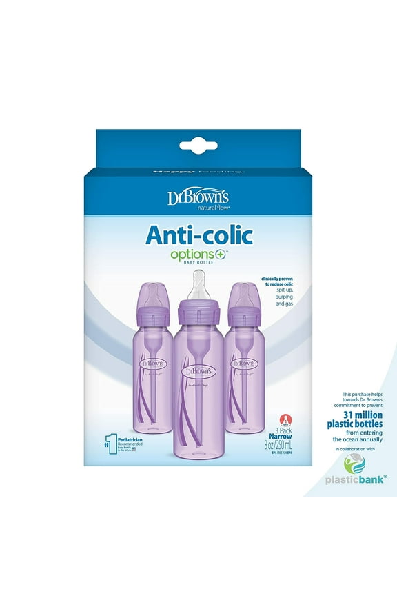 Natural Flow Anti-Colic Options+ Narrow Baby Bottle, Purple, 8oz, Slow Flow, 0m+, 3 Pack