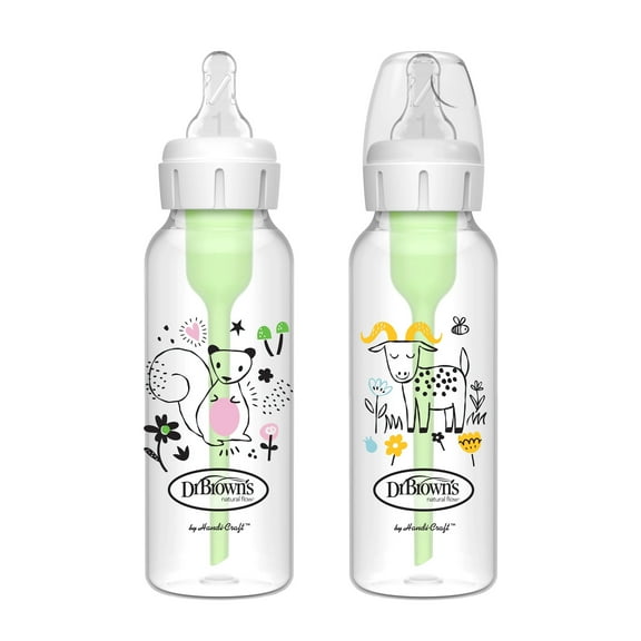 Dr. Brown's Natural Flow Anti-Colic Options+ Narrow Baby Bottle, Squirrel/Goat, 8oz/250ml, 0m+, 2 Pack