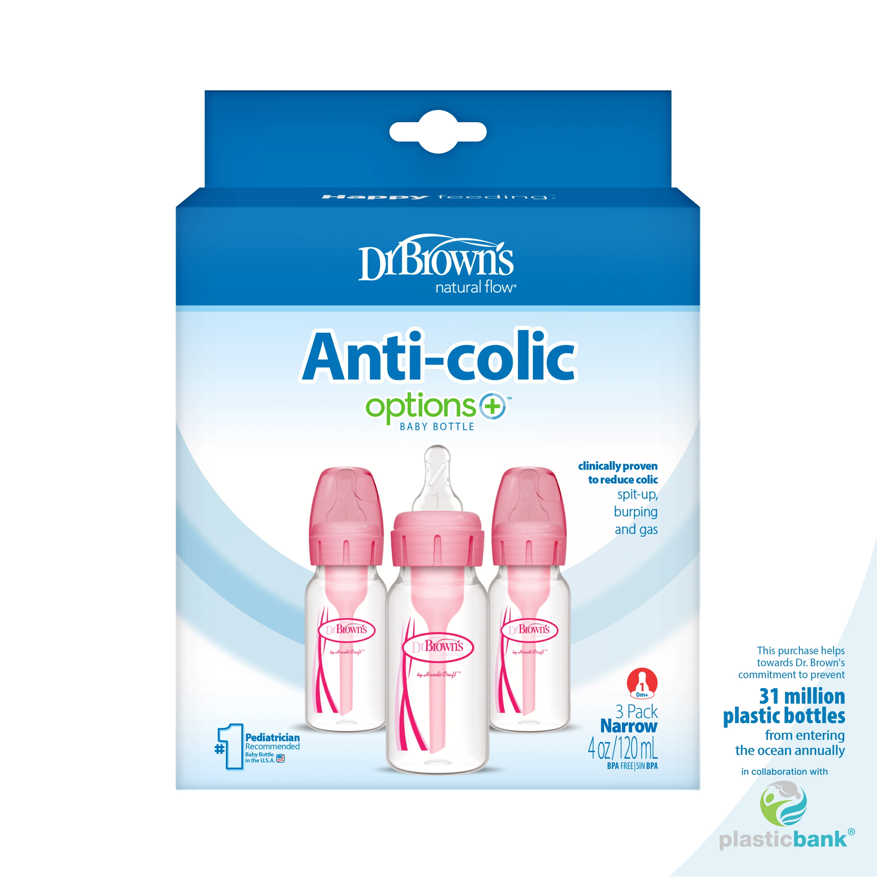 Dr. Brown's Natural Flow Anti-Colic Options+ Narrow Baby Bottles, 4oz/120mL, with Level 1 Slow Flow Nipples, 3-Pack, Pink, 0m+