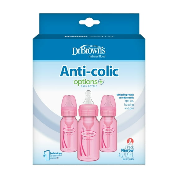 Dr. Brown's Natural Flow Anti-Colic Options+ Narrow Baby Bottles, 4oz/120ml, Level 1, Pink, 3 Pack