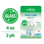 Dr. Brown's Anti-Colic Options+ Narrow Glass Baby Bottle, 4 oz, Slow Flow Nipple, BPA Free, 0m+, 2-Pack