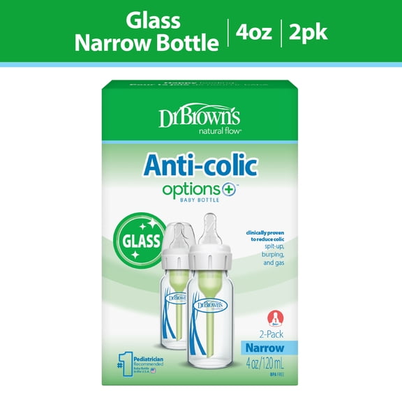 Dr. Brown's Anti-Colic Options Narrow Glass Baby Bottle, 4 oz, Slow Flow Nipple, BPA Free, 0m , 2-Pack