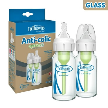 Dr. Brown's Anti-Colic Options+ Narrow Glass Baby Bottle, 4 oz/120 ml, Slow Flow Nipple, BPA Free, 0m+, 2 Pack