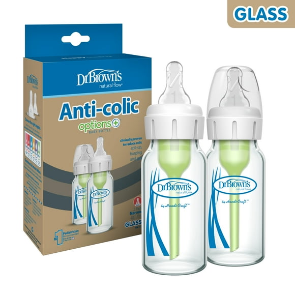Dr. Brown's Natural Flow Anti-Colic Options+ Narrow Glass Baby Bottle, 4oz/120ml, Level 1 Nipples, 0m+, 2 Pack
