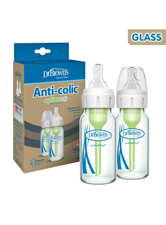 Dr. Brown's Natural Flow Anti-Colic Options+ Narrow Glass Baby Bottles 4 oz/120 mL, with Level 1 Slow Flow Nipple, 2 Pack, 0m+