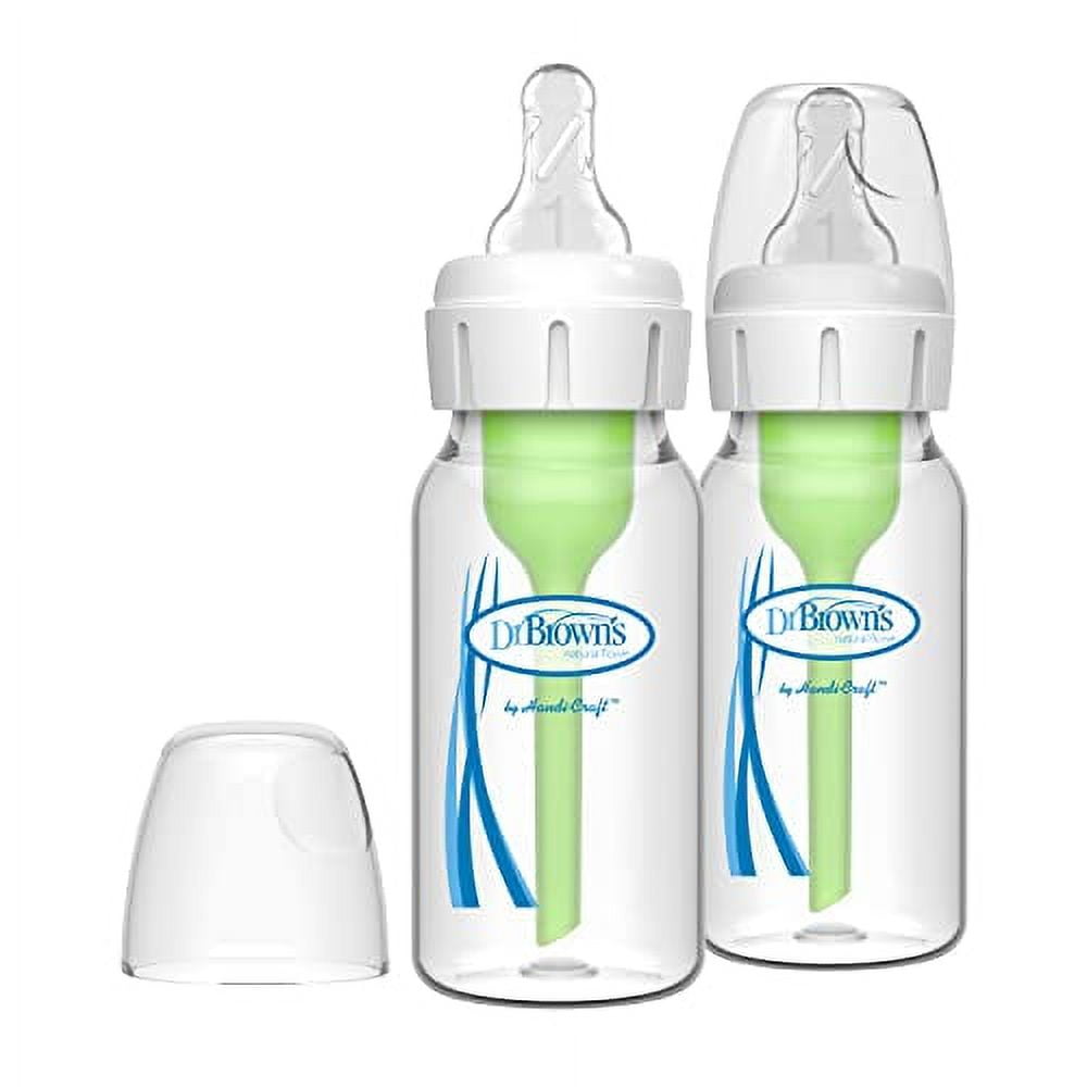 Dr. Brownâ€™s Natural FlowÂ® Anti-Colic Options+â„¢ Narrow Glass Baby Bottle, 4oz/250 mL with Level 1 Slow Flow Nipple, 2-Pack, 0m+