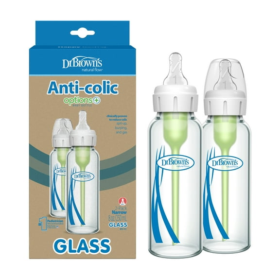 Dr. Brown's Anti-Colic Options+ Narrow Glass Baby Bottle, 8 oz/250 mL, with Level 1 Slow Flow Nipple, BPA Free, 0m+, 2 Pack