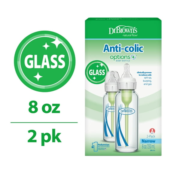 Dr. Brown's Anti-Colic Options+ Narrow Glass Baby Bottle, 8 oz/250 mL, with Level 1 Slow Flow Nipple, BPA Free, 0m+, 2 Pack