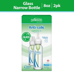 Biberón de Vidrio Estrecho Anticólico Options+ Dr. Brown's, 8 oz/250 mL, con Tetina de Flujo Lento Nivel 1, Libre de BPA, 0m+, Paquete de 2