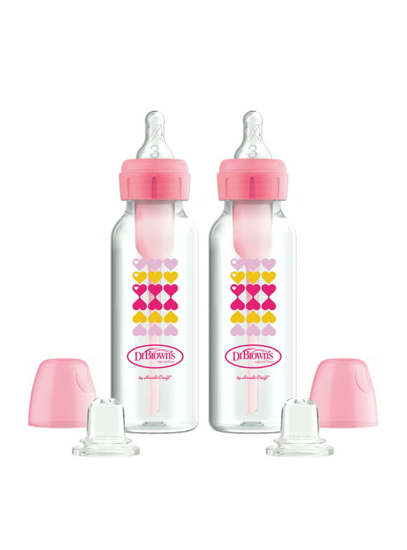 Dr. Brown's Natural Flow Anti-Colic Options+ Narrow Sippy Bottle Starter Kit, 8oz/250mL, with Level 3 Medium-Fast Flow Nipple and 100% Silicone Soft Sippy Spout, 6m+, Pink, 2-Pack