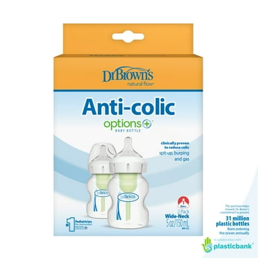 Dr. Brown's Natural Flow Anti-Colic Options+ Wide-Neck Baby Bottle, 5 oz/150 mL, Level 1 Nipple, 2-Pack, 0m+