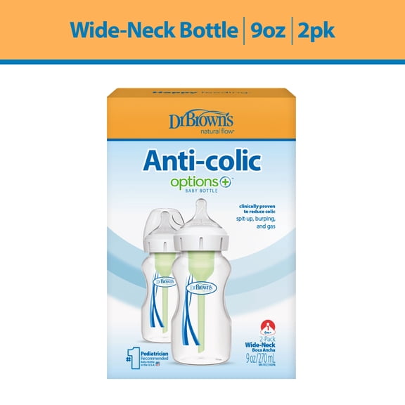 Dr. Brown's Anti-Colic Options + Wide-Neck Baby Bottle, 9 oz/270 ml, Level 1 Slow Flow, 0m +, 2-Pack
