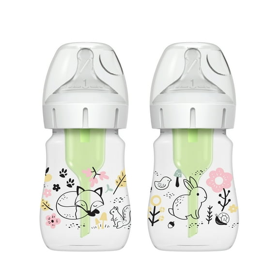 Dr. Brown's Natural Flow Anti-Colic Options+ Wide-Neck Baby Bottle Bottle, Woodland Decos, 5oz/150ml, Level 1 Slow Flow, 0m+, 2 Pack
