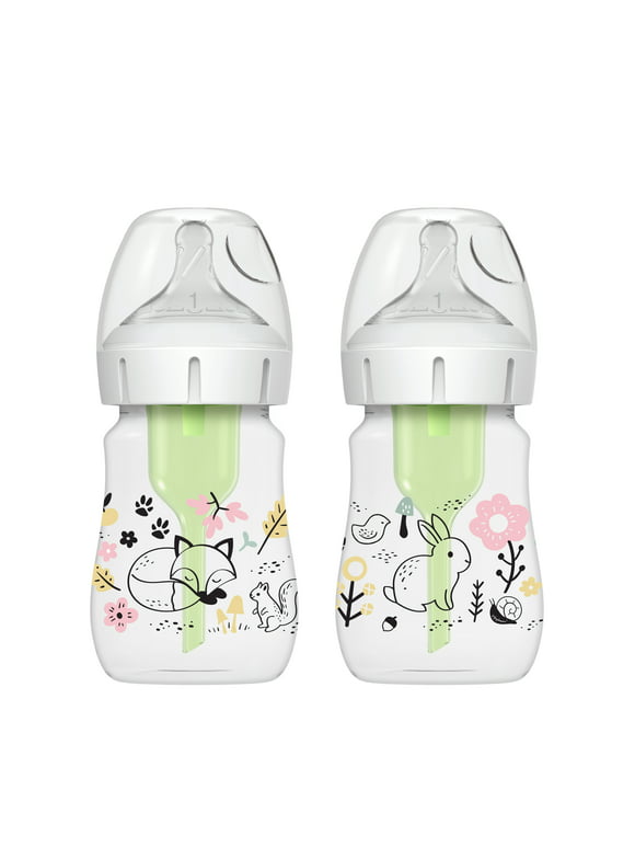 Dr. Brown's Natural Flow Anti-Colic Options+ Wide-Neck Baby Bottle Bottle, Woodland Decos, 5oz/150ml, Level 1 Slow Flow, 0m+, 2 Pack