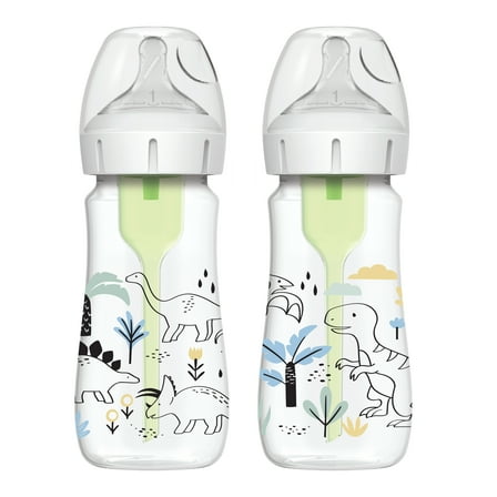 Dr. Brown's Natural Flow Anti-Colic Options+ Wide-Neck Baby Bottle, Dino Decos, 9oz/270ml, Level 1 Slow Flow, 0m+, 2 Pack