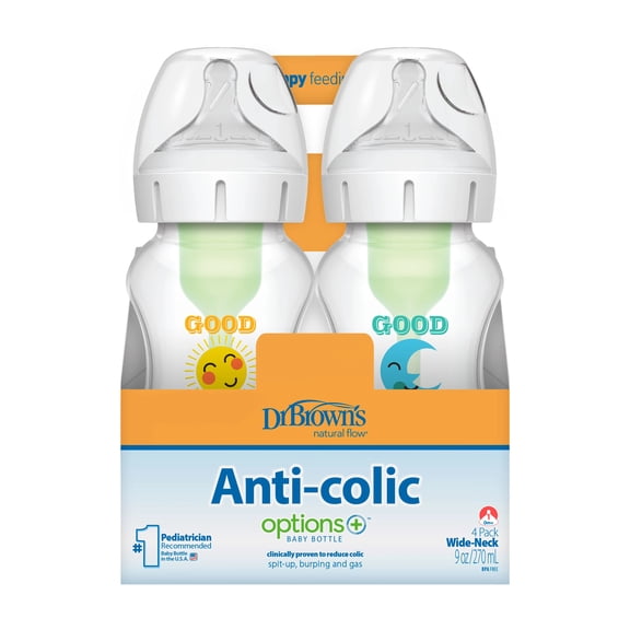 Dr. Brown's Natural Flow Anti-Colic Options+ Wide-Neck Baby Bottle, Good Morning, 9oz, 0m+, 4 Pack