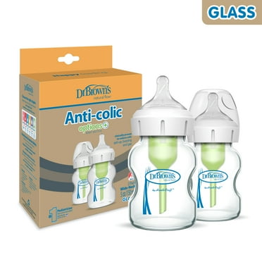 Dr. Brown's Natural Flow Anti-Colic Options+ Wide-Neck Glass Baby Bottle, 5oz/150ml, Slow Flow, 0m+, 2 Pack
