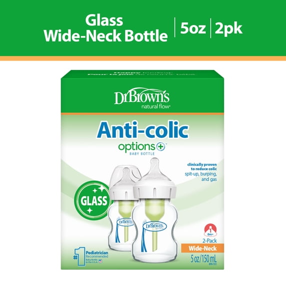 Dr. Brown's Anti-Colic Options+ Wide-Neck Glass Baby Bottle, 5oz, Slow Flow Nipple, BPA Free, 0m+, 2-Pack