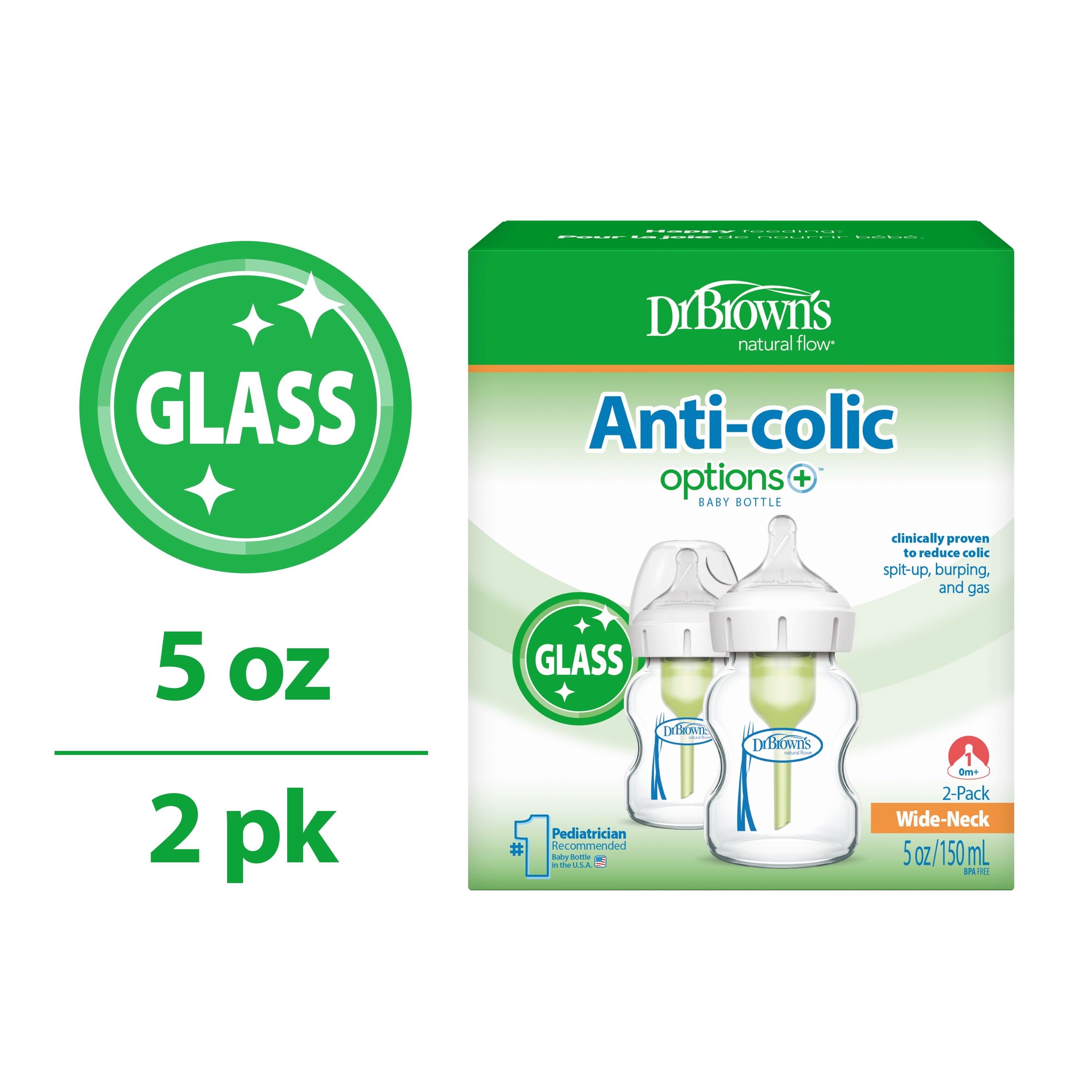 Brown's Anti-Colic Options+ Wide-Neck Glass Baby Bottle, 5oz