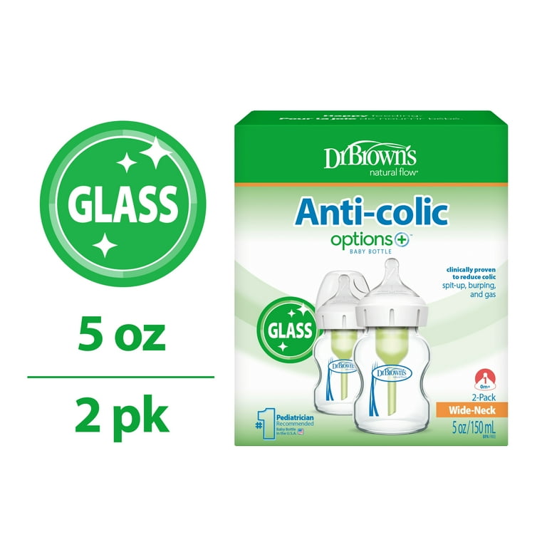 Brown's Anti-Colic Options+ Wide-Neck Glass Baby Bottle, 5oz