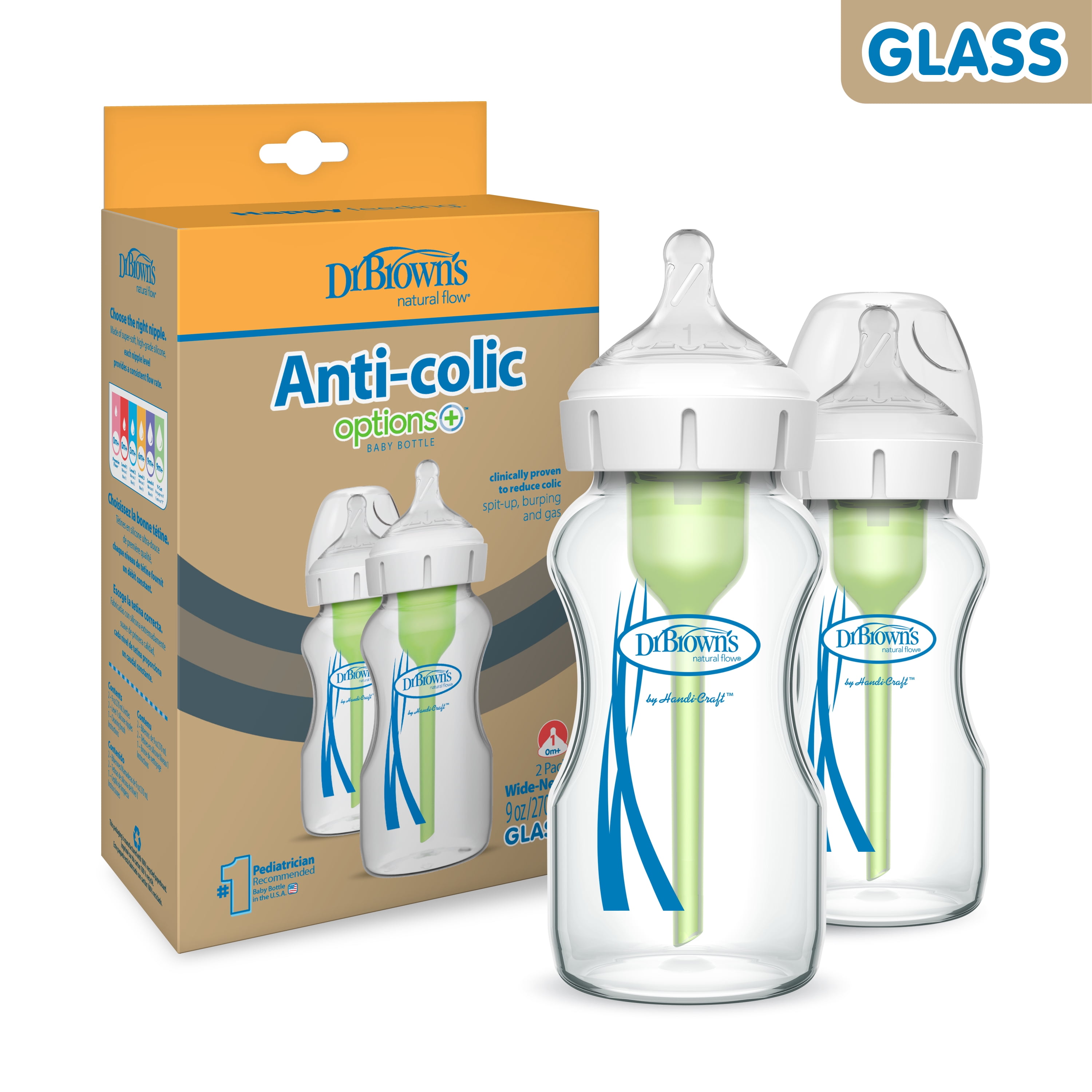 Dr. Brown's Natural Flow Anti-Colic Options+ Wide-Neck Glass Baby Bottle 9oz/270mL, with Level 1 Slow Flow Nipple, 0m+, 2-Pack