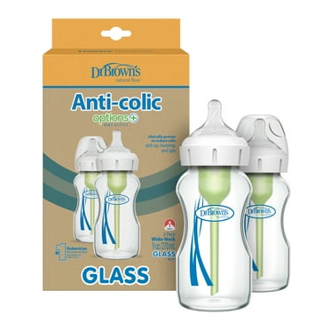 Dr. Brown's Anti-Colic Options+ Wide-Neck Glass Baby Bottle, 9 oz/270 ml, Slow Flow Nipple, BPA Free, 0m+, 2 Pack