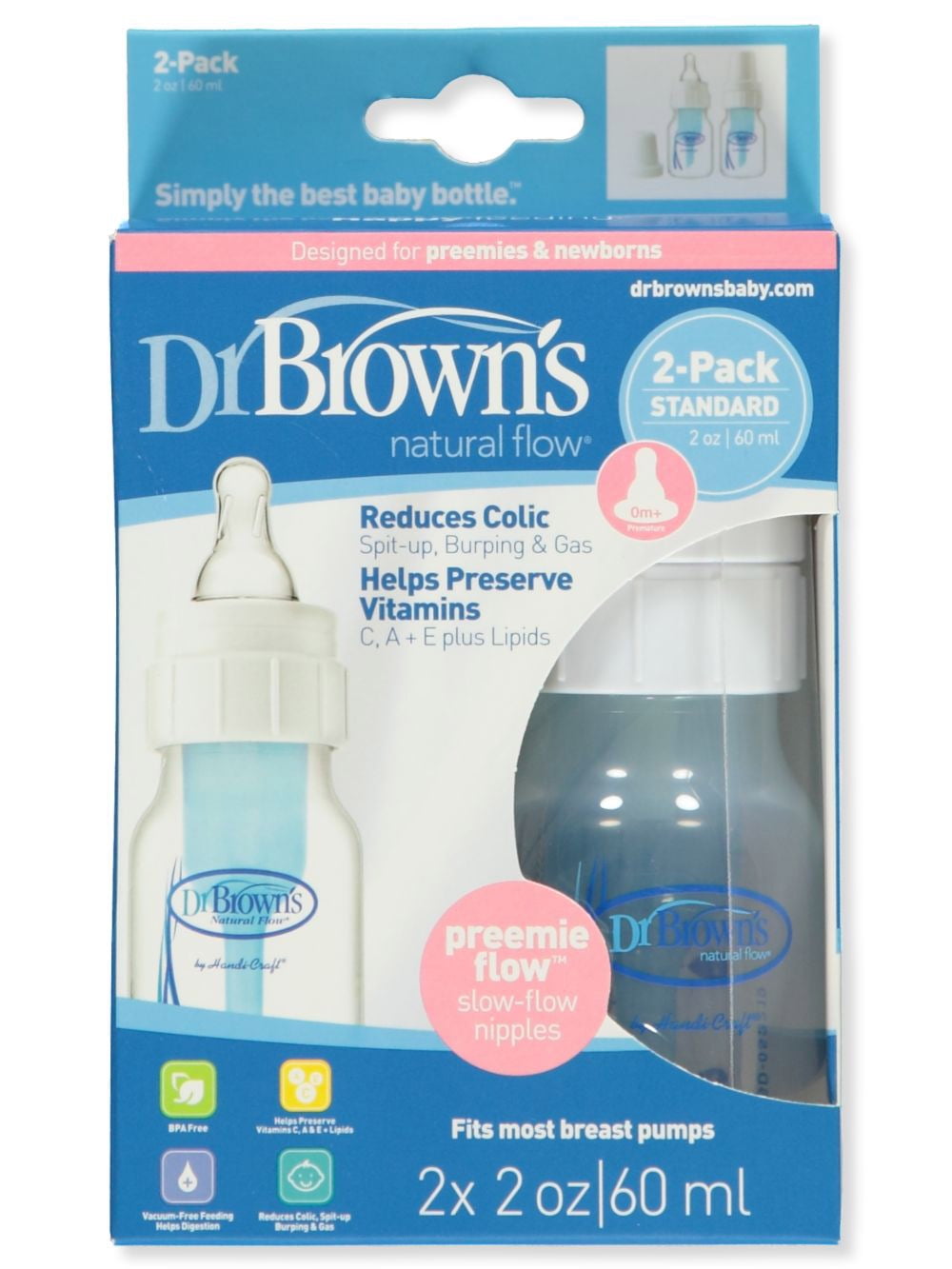 Dr. Brown's Natural Flow® Anti-Colic Narrow Baby Bottle, 2oz/60mL with  Preemie Flow™ Nipple, 2-Pack