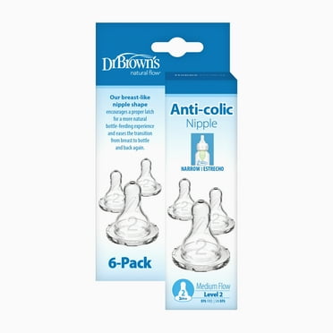 Dr. Brown's Natural Flow Level 2 Narrow Baby Bottle Nipple, Medium Flow, 3m+, 100% Silicone Bottle Nipple, 6 Pack