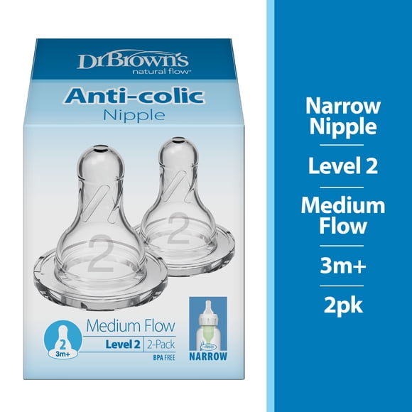 Dr. Brown's Natural Flow Level 2 Narrow Baby Bottle Nipple, Medium Flow, 3m+, 100% Silicone, 2-Pack