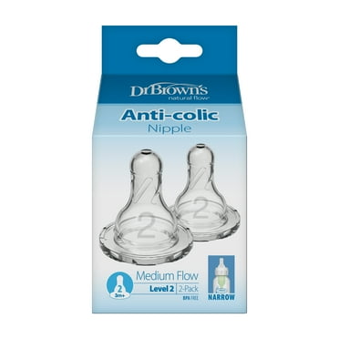 Dr. Brown's Natural Flow Level 2 Narrow Baby Bottle Silicone Nipple, Medium Flow, 3m+, 100% Silicone Bottle Nipple, 2 Pack