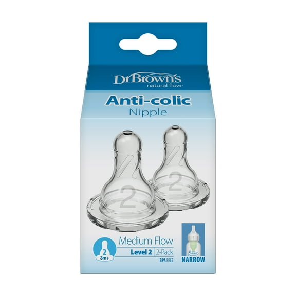 Dr. Brown's Natural Flow Level 2 Narrow Baby Bottle Silicone Nipple, Medium Flow, 3m+, 100% Silicone Bottle Nipple, 2 Pack