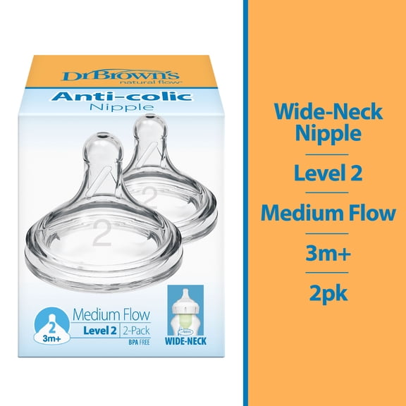 Dr. Brown's Natural Flow Level 2, Wide-Neck Baby Bottle Nipple, Medium Flow, 3m+, 100% Silicone, 2 Pack