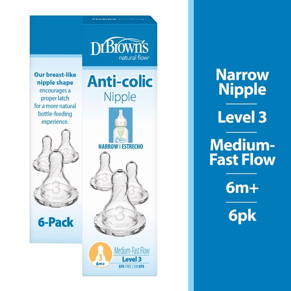 Dr. Brown's Natural Flow Level 3 Narrow Baby Bottle Nipple, Medium-Fast Flow, 6m+, 100% Silicone, 6 Pack