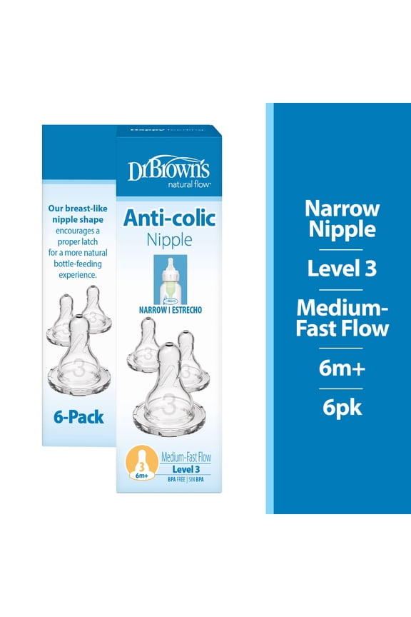 Natural Flow Level 3 Narrow Baby Bottle Nipple, Medium-Fast Flow, 6m+, 100% Silicone, 6 Pack