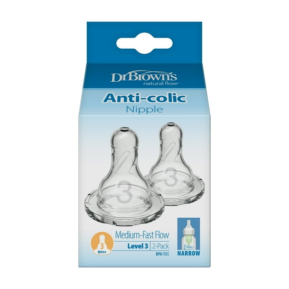 Dr. Brown's Natural Flow Level 3 Narrow Baby Bottle Silicone Nipple, Medium Flow, 3m+, 100% Silicone Bottle Nipple, 2-Pack